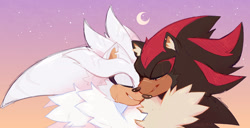 Size: 2048x1050 | Tagged: safe, artist:lynxheartart, shadow the hedgehog, silver the hedgehog, hedgehog, abstract background, duo, fluffy, gay, male, males only, moon, nuzzle, outdoors, scar, shadow x silver, shipping, smile, star (sky)