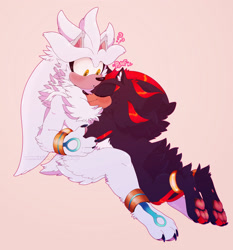 Size: 2048x2194 | Tagged: safe, artist:lynxheartart, shadow the hedgehog, silver the hedgehog, hedgehog, barefoot, beige background, blushing, claws, duo, fluffy, gay, gloves off, hugging, male, males only, pawpads, question mark, sfx, shadow x silver, shipping, shoes off, simple background, smile, socks off