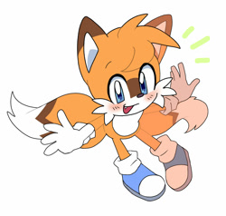 Size: 1024x974 | Tagged: safe, artist:cometkittygalaxy, miles "tails" prower, fox, 2022, arms out, blue shoes, blushing, cute, looking at viewer, male, mouth open, one fang, simple background, smile, solo, tailabetes, white background