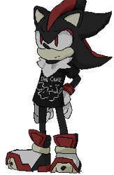 Size: 200x306 | Tagged: safe, artist:voreparty, shadow the hedgehog, hedgehog, 2021, english text, frown, goth, goth shadow, looking offscreen, male, pixel art, shirt, solo, standing