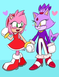 Size: 1579x2048 | Tagged: safe, artist:wrentherainfall, amy rose, blaze the cat, cat, hedgehog, 2022, amy x blaze, amy's halterneck dress, blaze's tailcoat, cute, female, females only, hearts, holding hands, lesbian, looking at viewer, shipping