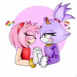 Size: 2048x2048 | Tagged: safe, artist:lonegini, amy rose, blaze the cat, cat, hedgehog, 2022, amy x blaze, amy's halterneck dress, blaze's tailcoat, blushing, cute, eyes closed, female, females, hearts, holding hands, lesbian, looking at each other, pansexual, pride, shipping