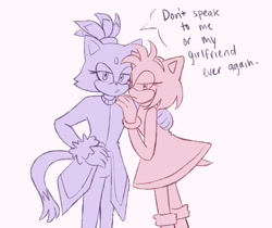 Size: 1218x1024 | Tagged: safe, artist:bunnrats, amy rose, blaze the cat, cat, hedgehog, 2021, amy x blaze, amy's halterneck dress, blaze's tailcoat, cute, english text, female, females only, holding them, lesbian, looking at viewer, protecting, shipping