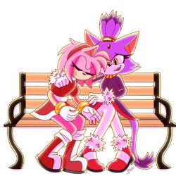 Size: 2048x2048 | Tagged: safe, artist:squishbug, amy rose, blaze the cat, cat, hedgehog, 2021, amy x blaze, amy's halterneck dress, bench, blaze's tailcoat, cute, eyes closed, female, females only, hand on shoulder, lesbian, shipping