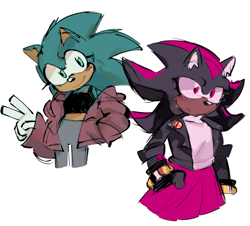 Size: 1589x1435 | Tagged: safe, artist:mealbits, shadow the hedgehog, sonic the hedgehog, hedgehog, biker jacket, crop top, duo, female, females only, frown, jacket, jeans, looking at viewer, looking offscreen, shirt, skirt, smile, standing, trans female, transgender, v sign