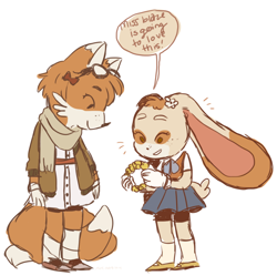 Size: 852x848 | Tagged: safe, artist:realmaturebradley, cream the rabbit, miles "tails" prower, fox, rabbit, aviator jacket, bow, creamabetes, cute, dialogue, dress, duo, english text, female, females only, flower crown, goggles, holding something, looking at something, scarf, simple background, skirt, smile, speech bubble, standing, tailabetes, trans female, transgender, white background