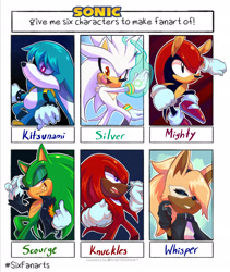 Size: 1728x2048 | Tagged: safe, artist:zombieeparty, kit the fennec, knuckles the echidna, mighty the armadillo, scourge the hedgehog, silver the hedgehog, whisper the wolf, six fanarts