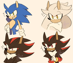 Size: 1400x1200 | Tagged: safe, artist:rubrtic, shadow the hedgehog, silver the hedgehog, sonic the hedgehog, hedgehog, signature, white background