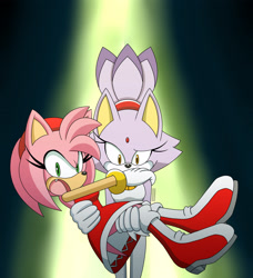 Size: 2911x3197 | Tagged: safe, artist:jalonso980, amy rose, blaze the cat, cat, hedgehog, 2023, amy x blaze, amy's halterneck dress, angry, carrying them, female, females only, lesbian, mouth open, shipping
