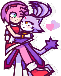 Size: 2048x2560 | Tagged: safe, artist:ghostedtea, amy rose, blaze the cat, cat, hedgehog, 2022, amy x blaze, amy's halterneck dress, blaze's tailcoat, blushing, carrying them, cute, female, females only, hearts, lesbian, looking at each other, shipping