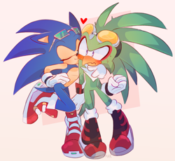 Size: 1166x1074 | Tagged: safe, artist:scuttletown, jet the hawk, sonic the hedgehog, bird, hedgehog, abstract background, arm around shoulders, blushing, duo, eyes closed, frown, gay, hand on hip, hawk, heart, male, males only, nuzzle, shipping, smile, sonic riders, sonjet, standing, surprised, sweatdrop