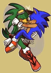 Size: 1052x1504 | Tagged: safe, artist:aconfusedaj, jet the hawk, sonic the hedgehog, bird, hedgehog, abstract background, blushing, carrying them, cute, duo, eyes closed, gay, hawk, heart, holding each other, jetabetes, male, males only, shipping, signature, smile, sonabetes, sonjet
