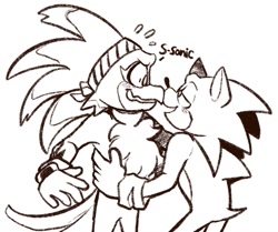 Size: 1008x842 | Tagged: safe, artist:aconfusedaj, jet the hawk, sonic the hedgehog, bird, hedgehog, blushing, cute, dialogue, duo, gay, hawk, holding each other, looking at each other, male, males only, mouth open, shipping, signature, simple background, smile, sonjet, standing, white background