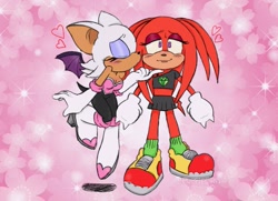 Size: 1177x853 | Tagged: safe, artist:puppiechans, knuckles the echidna, rouge the bat, bat, echidna, abstract background, blushing, crop top, duo, female, females only, gender swap, half r63 shipping, heart, knuxouge, lesbian, shipping, skirt, smile, sparkles, standing