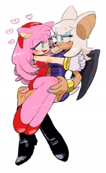 Size: 1261x2048 | Tagged: safe, artist:pam3le, amy rose, rouge the bat, bat, hedgehog, adult, aged up, blushing, carrying them, dress, duo, earring, female, females only, heart, lesbian, lidded eyes, looking at each other, older, one fang, rougamy, shipping, simple background, smile, white background