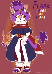 Size: 1399x1996 | Tagged: safe, artist:cha0w0w, blaze the cat, cat, cape, claws, ear fluff, english text, female, flame, heels, looking offscreen, nickname, outline, redesign, standing, yellow sclera
