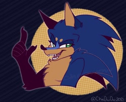 Size: 1599x1292 | Tagged: safe, artist:cha0w0w, sonic the hedgehog, hedgehog, abstract background, bust, chest fluff, claws, lidded eyes, looking at viewer, male, mouth open, outline, pointing, redesign, smile, solo, top surgery scars, trans male, transgender