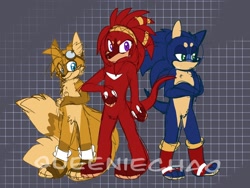Size: 2048x1536 | Tagged: safe, artist:cha0w0w, knuckles the echidna, miles "tails" prower, sonic the hedgehog, echidna, fox, hedgehog, abstract background, arms folded, frown, gloves off, goggles, looking at viewer, looking away, male, males only, smile, standing, trio
