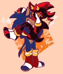 Size: 924x1082 | Tagged: safe, artist:aconfusedaj, shadow the hedgehog, sonic the hedgehog, hedgehog, abstract background, blushing, carrying them, duo, eyes closed, facepalm, gay, heart, horns, male, males only, shadow x sonic, shipping, smile, standing