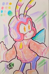 Size: 1354x2048 | Tagged: safe, artist:aconfusedaj, charmy bee, bee, blushing, looking offscreen, male, signature, smile, solo, traditional media