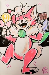 Size: 1338x2048 | Tagged: safe, artist:aconfusedaj, chip, sonic unleashed, chipabetes, chocolate, cute, eyebrows clipping through hair, eyes closed, flying, heart, holding something, lollipop, male, mouth open, smile, solo, traditional media, unknown species