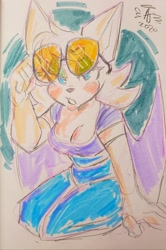 Size: 1361x2048 | Tagged: safe, artist:aconfusedaj, rouge the bat, bat, alternate outfit, blushing, cleavage, clenched teeth, female, kneeling, lidded eyes, solo, sunglasses, traditional media