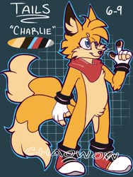 Size: 1536x2048 | Tagged: safe, artist:cha0w0w, miles "tails" prower, fox, abstract background, alternate universe, ear fluff, english text, looking offscreen, male, nickname, outline, pawpads, redesign, scarf, smile, solo, standing, whiskers