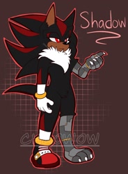 Size: 1504x2048 | Tagged: safe, artist:cha0w0w, shadow the hedgehog, hedgehog, alternate universe, amputee, character name, chest fluff, english text, frown, lidded eyes, looking offscreen, male, neck fluff, outline, redesign, solo, standing
