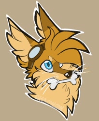 Size: 823x1005 | Tagged: safe, artist:cha0w0w, miles "tails" prower, fox, beige background, bone, chest fluff, cute, ear fluff, goggles, goggles on head, looking up, mouth hold, one fang, outline, simple background, solo, tailabetes, whiskers