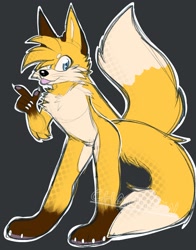 Size: 1607x2048 | Tagged: safe, artist:cha0w0w, miles "tails" prower, fox, alternate universe, barefoot, claws, gloves off, grey background, hand behind back, looking at viewer, male, outline, pawpads, pointing, redesign, simple background, smile, solo, standing, tongue out, whiskers