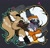 Size: 1548x1479 | Tagged: dead source, safe, artist:cha0w0w, tangle the lemur, whisper the wolf, lemur, wolf, abstract background, alternate universe, bust, cute, duo, eyes closed, lesbian, licking, licking face, neck fluff, outline, shipping, standing, tangle x whisper, tongue out