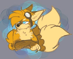 Size: 1470x1201 | Tagged: safe, artist:cha0w0w, miles "tails" prower, fox, abstract background, annoyed, arms folded, bust, floppy ears, goggles, hair over one eye, lidded eyes, looking offscreen, male, solo