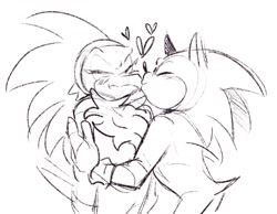 Size: 1200x931 | Tagged: safe, artist:aconfusedaj, jet the hawk, sonic the hedgehog, bird, hedgehog, 2020, blushing, duo, eyes closed, gay, hawk, heart, holding them, kiss, shipping, simple background, sketch, smile, sonjet, standing, white background