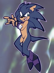 Size: 1536x2048 | Tagged: safe, artist:cha0w0w, sonic the hedgehog, hedgehog, abstract background, alternate universe, bandage, chipped ear, fingerless gloves, looking at viewer, male, mid-air, mouth open, outline, smile, solo