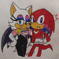 Size: 2048x2034 | Tagged: safe, artist:sminny-wew, knuckles the echidna, rouge the bat, bat, echidna, bisexual, bisexual pride, blushing, duo, female, knuxouge, male, pride, shipping, standing, surprised, traditional media, trans female, trans pride, transgender