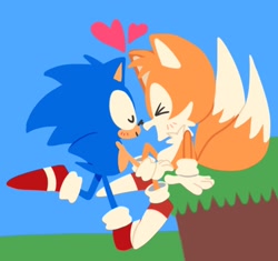 Size: 2048x1926 | Tagged: safe, artist:sontaiis, miles "tails" prower, sonic the hedgehog, fox, hedgehog, 2023, blushing, chibi, cute, daytime, duo, eyes closed, flat colors, gay, heart, no outlines, nose boop, noses are touching, outdoors, shipping, sitting, smile, sonic x tails
