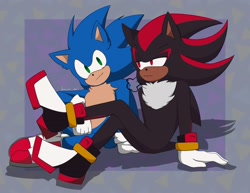 Size: 3300x2550 | Tagged: safe, artist:tonysstank, shadow the hedgehog, sonic the hedgehog, hedgehog, 2021, abstract background, border, duo, frown, gay, huffing, lidded eyes, looking at them, looking at viewer, male, males only, shadow x sonic, shipping, signature, sitting, smile