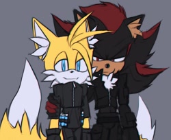 Size: 895x732 | Tagged: artist needed, safe, miles "tails" prower, shadow the hedgehog, fox, hedgehog, duo, frown, gay, grey background, hand on another's arm, jacket, lidded eyes, looking at viewer, male, males only, shadails, shipping, simple background, smile, standing