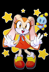 Size: 720x1056 | Tagged: dead source, safe, artist:shuraatrix, cheese (chao), cream the rabbit, chao, rabbit, black background, duo, female, genderless, looking at viewer, mouth open, neutral chao, outline, simple background, smile, star (symbol), v sign