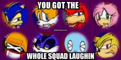 Size: 1440x714 | Tagged: safe, editor:sonicdepressed, amy rose, big the cat, e-102 gamma, knuckles the echidna, miles "tails" prower, sonic the hedgehog, super sonic, chao, sonic shuffle, edit, english text, group, meme, neutral chao, reaction image, screenshot, super form, you got the whole squad laughing