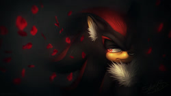 Size: 1920x1080 | Tagged: safe, artist:mylafox, shadow the hedgehog, hedgehog, 2017, abstract background, chest fluff, ear fluff, frown, glowing eyes, lidded eyes, lineless, looking offscreen, male, petals, signature, solo, standing, wallpaper