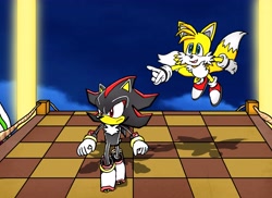 Size: 6012x4369 | Tagged: safe, artist:apple_slipper, miles "tails" prower, shadow the hedgehog, abstract background, circus park zone, duo, flying, looking offscreen, shadow the hedgehog (video game), walking