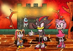 Size: 6155x4329 | Tagged: safe, artist:apple_slipper, amy rose, cheese (chao), cream the rabbit, shadow the hedgehog, abstract background, cryptic castle, group, shadow the hedgehog (video game), standing, trio
