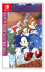 Size: 1994x3219 | Tagged: safe, miles "tails" prower, sonic the hedgehog, sonic quest 1, box art, edit, english text, fangame, mobius.social exclusive, nintendo switch, simple background, transparent background
