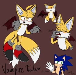 Size: 1195x1185 | Tagged: semi-grimdark, artist:tailzrailzu, miles "tails" prower, sonic the hedgehog, 2023, bandaid, blood, blushing, cape, drinking, duo, english text, fangs, grey gloves, grey socks, heart, red background, red eyes, simple background, sweatdrop, vampire, wings