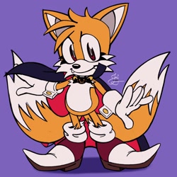Size: 2048x2048 | Tagged: safe, artist:mmm_morale, miles "tails" prower, 2021, cape, eyelashes, fangs, looking at viewer, male, purple background, red eyes, signature, simple background, smile, solo, standing, torn socks, vampire