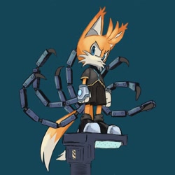 Size: 2048x2048 | Tagged: safe, artist:stars_kii, miles "tails" prower, nine, sonic prime, 2023, blue background, frown, simple background, solo, standing