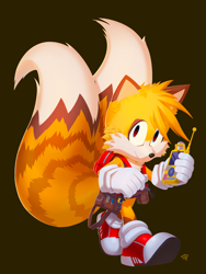 Size: 1536x2048 | Tagged: safe, artist:theroomacattack, miles "tails" prower, backpack, belt, brown background, holding something, looking at viewer, redesign, remote controller, signature, simple background, smile, solo, walking