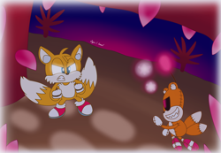 Size: 2934x2031 | Tagged: safe, artist:harmonybunny2022, miles "tails" prower, tails doll, 2023, abstract background, black sclera, duo, fighting pose, genderless, glowing eyes, looking at each other, male, pink eyes, tails' nightmare