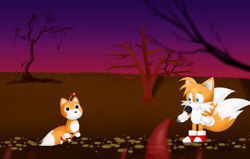 Size: 640x407 | Tagged: safe, artist:tsmf829, miles "tails" prower, tails doll, abstract background, duo, friday night funkin, mod, tails' nightmare